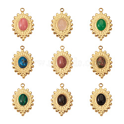 Fashewelry 9Pcs 9 Style 304 Stainless Steel Pendants, with Natural & Synthetic Gemstone, Oval, Golden, 23.5x15x4~5mm, Hole: 1.8mm, 1pc/style(STAS-FW0001-25)