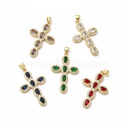 Rack Plating Brass Cubic Zirconia Pendants, Cadmium Free & Lead Free, Real 18K Gold Plated, Long-Lasting Plated, Religion Cross Charm, Mixed Color, 33.5x22x3.5mm, Hole: 3.5x4.5mm(KK-G456-25G)