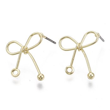 Iron Stud Earring Findings, with Loop and Steel Pin, Bowknot, Light Gold, 18~19x18mm, Hole: 1.5mm, Pin: 0.7mm