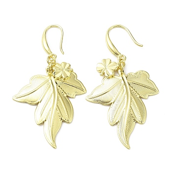 Rack Plating Brass Leaf  & Clover Dnagle Earrings, Long-Lasting Plated, Real 18K Gold Plated, 56.5x30mm