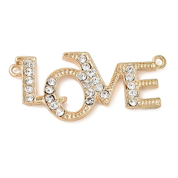 Alloy Crystal Rhinestone Word LOVE Connector Links Charms, Lead Free & Nickel Free & Cadmium Free, Golden, 19x41x2.5mm, Hole: 1.6mm