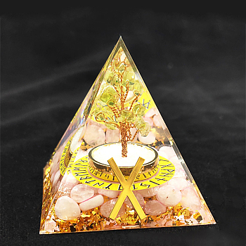 Viking Rune Symbol-Gift Orgonite Pyramid Resin Display Decorations, with Natural Rose Quartz Chips Inside, for Home Office Desk, 50~60mm