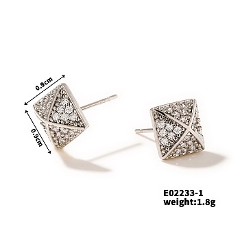 Shiny Delicate Stud Earrings with Vintage Pyramid Design and Full Rhinestones, Platinum, 9x9mm