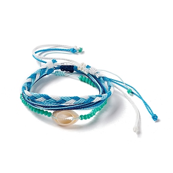 3Pcs 3 Style Natural Shell & Glass Braided Bead Bracelets Set, Adjustable Bracelets for Women, Blue, Inner Diameter: 2~4 inch(5.1~10.1cm), 1Pc/style