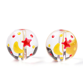 Transparent Handmade Lampwork Beads, Round with Moon and Star Pattern, Yellow, 12.5x11.5mm, Hole: 1.6mm