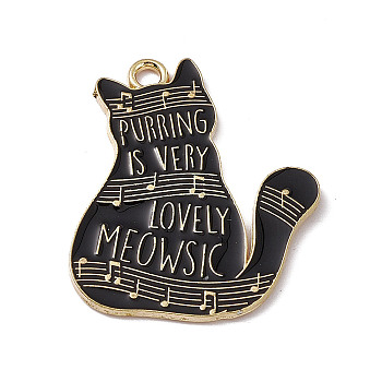 Music Theme Charm, Alloy Enamel Pendants, Cat with Music Scores and Word, Golden, Black, 28x22.5x1.2mm, Hole: 2mm