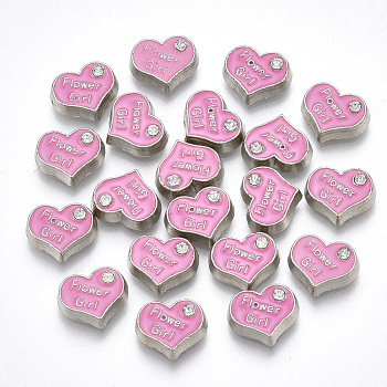 Alloy Cabochons, Fit Floating Locket Charms, with Enamel and Rhinestone, Heart with Flower Girl, Hot Pink, Crystal, Platinum, 7x8.5x2.5mm