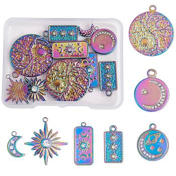 14Pcs 7 Styles 304 Stainless Steel Pendants, with Crystal Rhinestone, Moon & Star Charm, Mixed Shapes , Rainbow Color, 12~29x7.5~25x2~3.5mm, Hole: 1.4~2mm, 2pcs/style