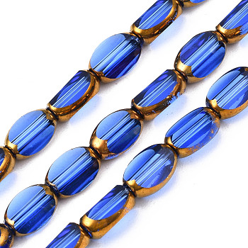 Electroplate Glass Beads Strands, Edge Plated, Oval, Royal Blue, 7x4.5x4mm, Hole: 0.8mm, about 50pcs/strand, 13.07~13.15 inch(33.2~33.4cm)