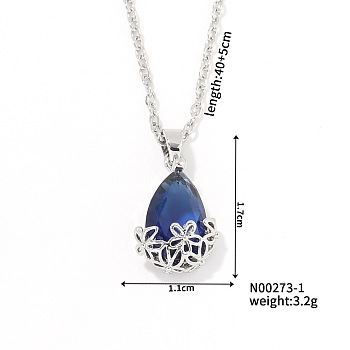 Mini 3D Fashionable Cute Versatile Elegant Brass Glass Teardrop Pendant Necklaces, Royal Blue, 15.75 inch(40cm)