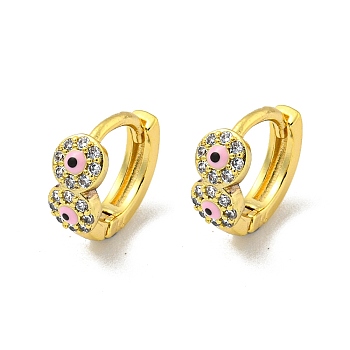 Brass Micro Pave Cubic Zirconia Hoop Earring, with Enamel, Real 18K Gold Plated, Pink, 10.5x4.5mm