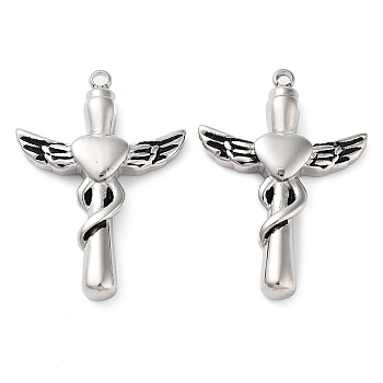 304 Stainless Steel Pendants, Cross with Heart Wing Charm, Antique Silver, 40x29x6.2mm, Hole: 2.2mm