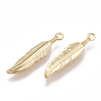 Brass Pendants, Feather, Nickel Free, Real 18K Gold Plated, 20.5x4.5x1mm, Hole: 1mm