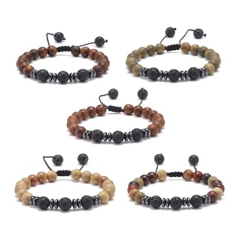 Natural Lava Rock & Wood Braided Bead Bracelet, Essential Oil Gemstone Jewelry for Women, Mixed Color, Inner Diameter: 2-1/8~3-1/8 inch(5.4~7.8cm)