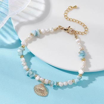 Brass Charm Bracelets, Nuggets Natural Cultured Freshwater Pearl & Larimar Chip Beaded Bracelets for Women, with Natural  Beads, Shell Shape, Mixed Color, 7.28 inch(18.5cm)
