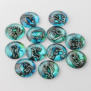 Constellation/Zodiac Sign Printed Glass Cabochons, Half Round/Dome, Random Mixed Constellations, 25x7mm