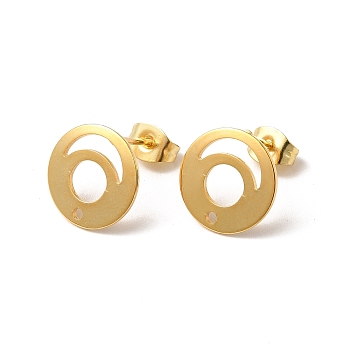 201 Stainless Steel Stud Earring Findings, with 304 Stainless Steel Pin & Hole & Friction Ear Nuts, Hollow Out Flat Round, Real 24K Gold Plated, 12mm, Hole: 1.2mm, Pin: 0.7mm