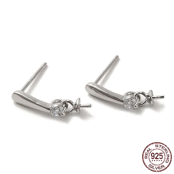 Rhodium Plated 925 Sterling Silver Micro Pave Cubic Zirconia Stud Earring Findings, for Half Drilled Beads, Real Platinum Plated, 14x3mm, Pin: 0.9mm and 10.5x0.9mm