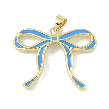 Brass Pendants, with Enamel, Bowknot Charm, Real 18K Gold Plated, Dodger Blue, 21.5x28x3.5mm, Hole: 5x3mm
