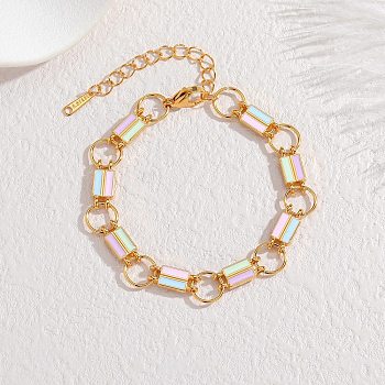 304 Stainless Steel Enamel Rectangle Link Chain Bracelets for Women, Colorful, Golden, 6.65 inch(16.9cm)