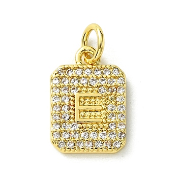 Rack Plating Brass Micro Pave Clear Cubic Zirconia Charms, Long-Lasting Plated, Lead Free & Cadmium Free, Rectangle with Letter Pattern, with Jump Ring, Real 18K Gold Plated, Letter E, 14x9.5x2mm, Hole: 3mm