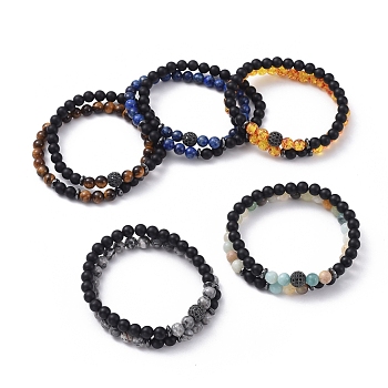 Stretch Bracelet Sets, Bracelets with Natural Mixed Gemstone Beads, Non-Magnetic Synthetic Hematite Beads, Natural Black Agate(Dyed) Beads and Rack Plating Brass Cubic Zirconia Beads, 2-1/8 inch(53mm), 2pcs/set