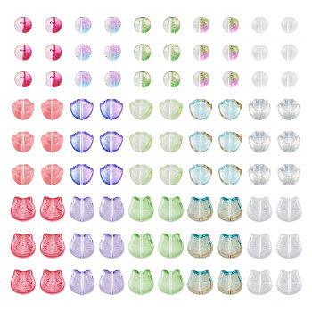 Pandahall 200Pcs 15 Styles Transparent Spray Painted Glass Beads, Cat Paw Print & Round & Cat, Mixed Color, 8~13.5x8~14x5~9mm, Hole: 1.2~1.5mm
