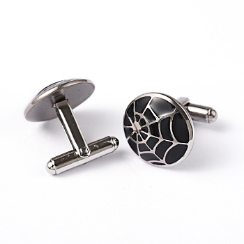 Flat Round with Spider Web 304 Stainless Steel Enamel Cufflinks, Stainless Steel Color, 18mm