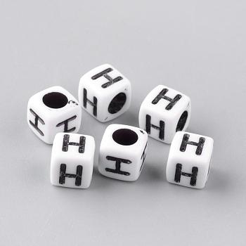 Opaque Acrylic Beads, Letter Style, Cube, Letter.H, 6x6x6mm, Hole: 3mm, about 3000pcs/500g
