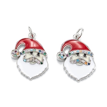 Christmas Themed Brass Micro Pave Cubic Zirconia Pendants, with Enamel and Jump Ring, Long-Lasting Plated, Santa Claus, Real Platinum Plated, 20x15x3mm, Jump Ring: 5x0.7mm, 3.6mm Inner Diameter