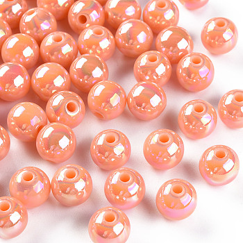 Opaque Acrylic Beads, AB Color Plated, Round, PeachPuff, 10x9mm, Hole: 2mm, about 940pcs/500g
