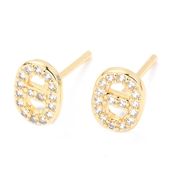 Brass Micro Pave Clear Cubic Zirconia Stud Earrings, Greek Alphabet, Real 18k Gold Plated, Letter.Q, 8x6x1.5mm, Pin: 0.9mm
