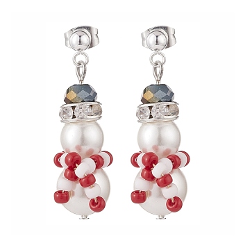 Shell Pearl & Glass Braided Christmas Snowman Dangle Stud Earrings, 304 Stainless Steel Jewelry for Women, Red, 34mm, Pin: 0.8mm