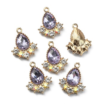 Glass Rhinestone Pendants, with Light Gold Plated Zinc Alloy Findings, Teardrop Charms, Tanzanite, 20x16x5mm, Hole: 1.5mm