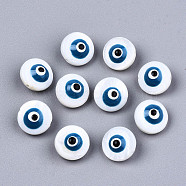 Natural Freshwater Shell Beads, with Enamel, Enamelled Sequins, Flat Round with Evil Eye, Marine Blue, 8.5x5.5mm, Hole: 0.8mm(SHEL-T018-04A-01)