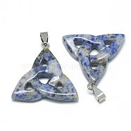 Natural Blue Spot Jasper Pendants, with Stainless Steel Snap On Bails, Trinity Knot/Triquetra, Irish, 23~40x33~38x5~7mm, Hole: 6x4mm(G-T088-08)