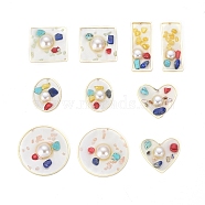 Epoxy Resin Pendants, with Gemstone Chip, Shell and ABS Plastic Imitation Pearl, Heart/Rhombus/Flat Round/Oval/Rectangle, Golden, 10pcs/set(RESI-X0001-16G)