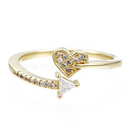 Exquisite Cubic Zirconia Heart Cuff Ring, Brass Open Ring for Women, Nickel Free, Real 18K Gold Plated, US Size 7 3/4(17.9mm)(RJEW-N035-066-NF)