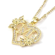 304 Stainless Steel Heart Pendant Necklaces with Cubic Zirconia, Letter Charms, Letter M, 16.54 inch(42cm)(NJEW-H029-01G-M)