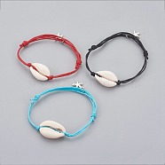 Cowhide Waxed Cotton Cord Bracelets, with Tibetan Style Alloy Charms and Cowrie Shell, Starfish/Sea Stars, Shell, Mixed Color, 1-3/8 inch(3.8cm)~2-3/4 inch(7cm)(BJEW-JB04082)