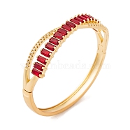 Brass Pave Clear Cubic Zirconia & Dark Red Glass Cross Hinged Bangles for Women, Golden, Inner Diameter: 2-1/4 inch(5.8cm)(BJEW-S147-26G)