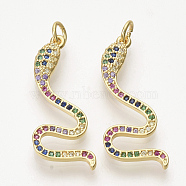 Brass Micro Pave Cubic Zirconia Pendants, with Jump Rings, Snake, Colorful, Golden, 31x11.5x3mm, Hole: 3mm(ZIRC-T012-32G)