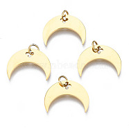 316 Surgical Stainless Steel Charms, with Jump Rings, Moon, Real 14K Gold Plated, 11.5x15x1mm, Jump Ring: 4mm in diameter, 0.5mm thick, 2.5mm inner diameter(STAS-S116-424)