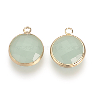 Glass Pendants, with Brass Findings, Faceted, Flat Round, Honeydew, 9.5x6.5x2.5mm, Hole: 2mm(X-GLAA-S114-C-28)