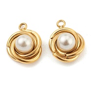 304 Stainless Steel Charms, with White Plastic Imitation Pearl Beads, Vortex, Golden, 14x12x7mm, Hole: 1.6mm(STAS-Z009-07G)