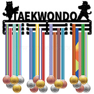 Fashion Iron Medal Hanger Holder Display Wall Rack, 3-Line, with Screws, Black, Taekwondo, Cat Shape, 150x400mm, Hole: 5mm(ODIS-WH0037-256)