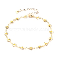 Brass Enamel Daisy Link Chain Anklets, with 304 Stainless Steel Lobster Claw Clasps & Heart Charms, Golden, 9-5/8 inch(24.5cm)(AJEW-AN00337)