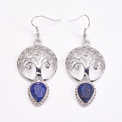 Brass Dangle Earrings, Natural Lapis Lazuli, Faceted, Hollow Flat Round with Tree of Life and Teardrop, Platinum, 66mm, Pin: 0.6mm(EJEW-G240-B04)