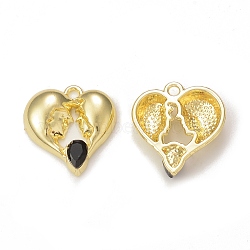 Rack Plating Alloy Glass Pendants, Golden, Heart Charms, Black, 19x18x4mm, Hole: 1.8mm(PALLOY-P291-01G-01)