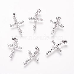 Brass Micro Pave Cubic Zirconia Pendants, Cadmium Free & Nickel Free & Lead Free, Cross, Real Platinum Plated, 22.5x15x3mm, Hole: 2.5x3mm(ZIRC-E108-10P-NR)